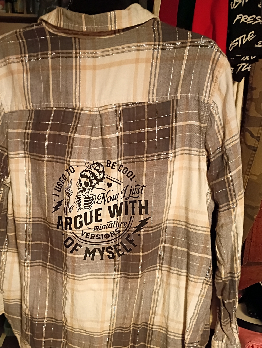 Faded Glory Plaid Button-Down Shirt in Beige and Brown with Back Graphic